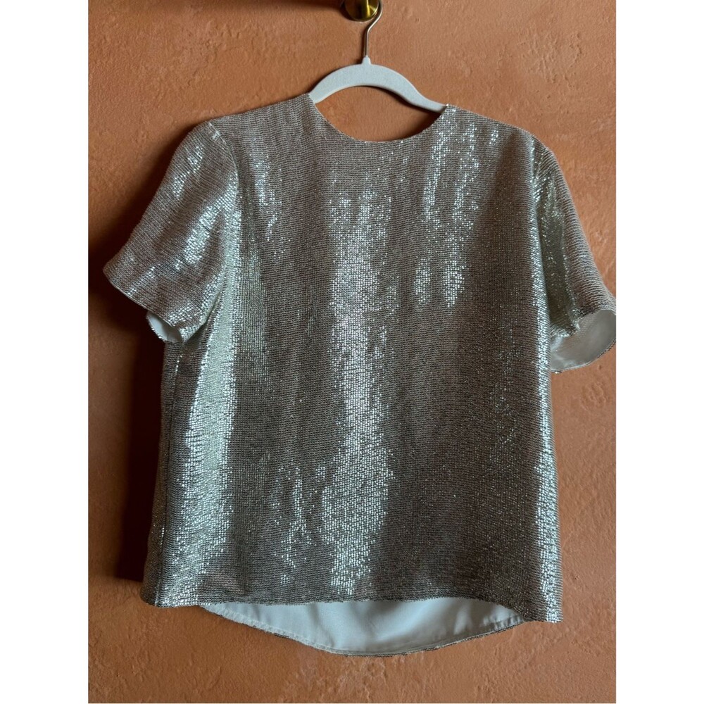 Rag & Bone Silver Metallic Knit Short Sleeve Top Size Small